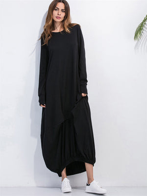 Black balloon hem maxi dress with long sleeves and a relaxed fit.