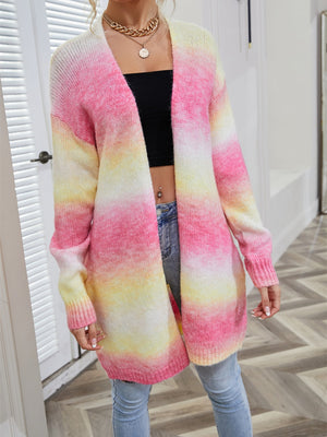 Rainbow gradient longline knit cardigan with open front and long sleeves, in Blush Pink and Yellow Green.