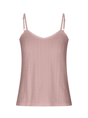 Dusty pink eyelet lace inset cami top with V-neck and adjustable straps.