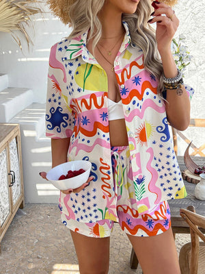 Coastal Tile Print Co-ord Set in multicolor with button-down shirt and shorts, featuring abstract shapes and suns.