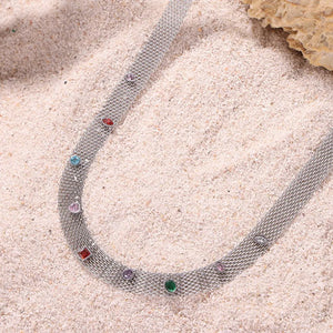 Silver mesh collar necklace with colorful gemstone embellishments