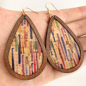 Cork and stripe teardrop statement earrings with wood trim and gold hooks.