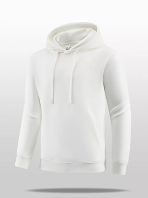White cotton blend hoodie with drawstring hood and kangaroo pocket.