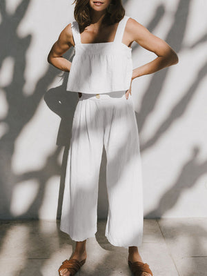 White linen crop top and culotte co-ord set with button detail