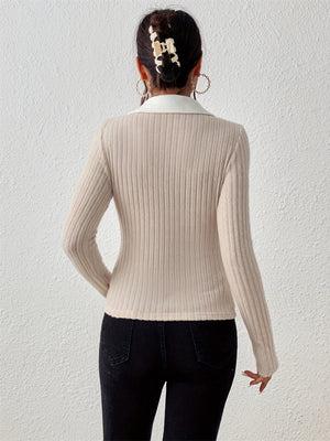 Mocha ribbed knit V-neck bodysuit with collar detail
