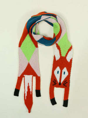 Chunky knit scarf with a playful fox design and geometric pattern in red, pink, green, and blue.