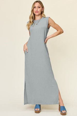 Cloudy Blue textured ribbed maxi dress with side slits and pockets.