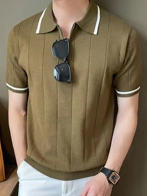 Olive ribbed knit polo with contrast trim and zipper neckline.