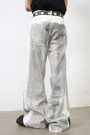 Metallic panel wide leg trousers in light with a textured finish and a casual fit.