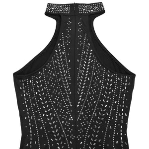 Black halter neck romper with allover rhinestone embellishments and a high neckline.