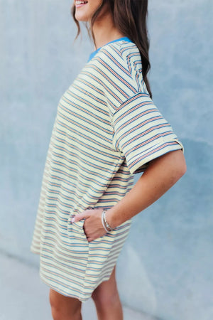 Casual striped mini dress with pockets and blue neckline
