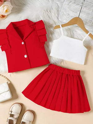 Red toddler outfit set with collared ruffled jacket, white cami, and pleated skirt.