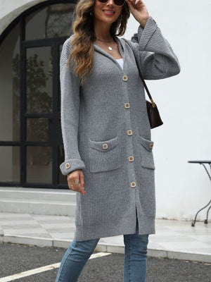 Longline gray knit button-down cardigan with hood and pockets