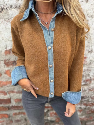 Contrast Denim Trimmed Sweater Cardigan in Grey, front view