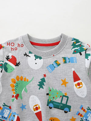 Gray crewneck sweatshirt with festive Christmas print including Santa, snowmen, dinosaurs, and trees.