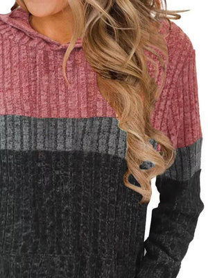 Ribbed knit color block hoodie in pink, gray, and black with a relaxed fit.