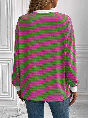 Horizontal stripe crewneck sweatshirt with cuffs in pink and green.
