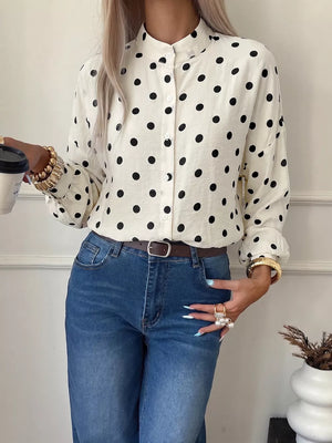 Polka Dot Button-up Shirt in Beige, front view