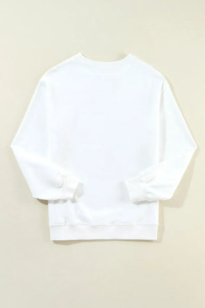 White crewneck sweatshirt with distressed American flag graphic