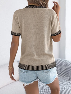 Khaki knit tee with contrast trim on collar, sleeves, and hem.