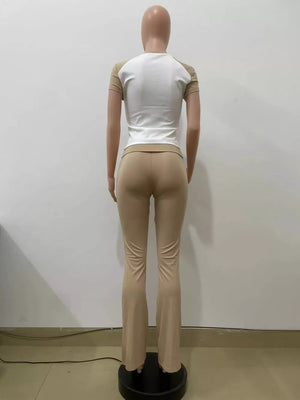 Chic contrast two-piece set: white & camel short sleeve tee with body-hugging flare pants.
