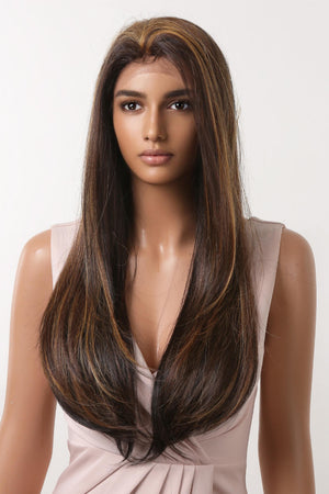 Balayage straight lace front wig in brown with caramel highlights, featuring a natural hairline.