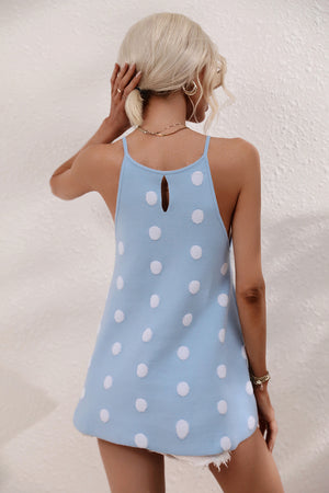 Pastel blue polka dot knit tank top with keyhole back detail