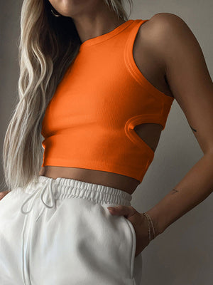 Ribbed cutout crop top in Moss, Orange, Black, White, Caramel, Lemon, Lavender, Gray, or Mid Green.