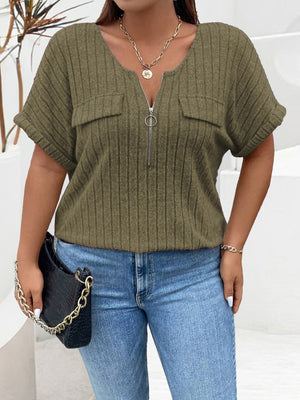 Moss ribbed knit henley with zip neck and chest pockets