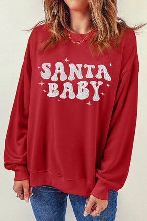 Red crewneck sweatshirt with white Santa Baby graphic and stars.