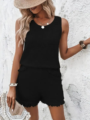 Black waffle knit tank top with fringe trim shorts set