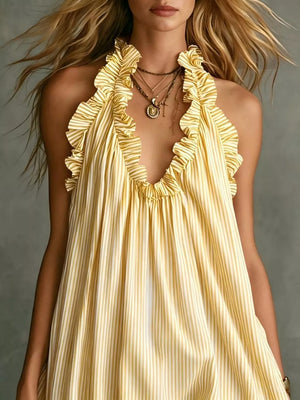 Ruffled Trim Halter Neck Mini Dress Plus Size in Blue, fit detail