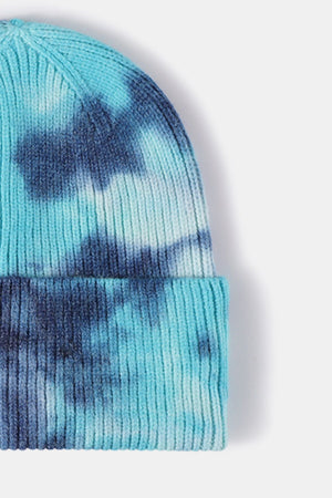 Ribbed knit beanie in Sky Blue with a tie-dye pattern