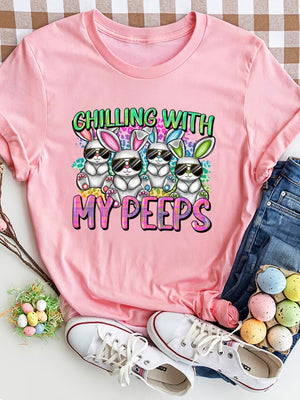 Pink graphic t-shirt with cartoon bunnies wearing sunglasses and "MY PEEPS" text.