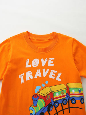 Orange cotton t-shirt with playful train graphic and "Love Travel" text.