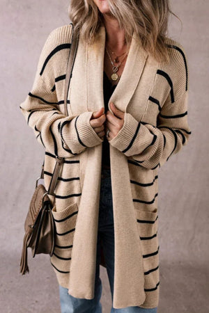 Khaki striped ribbed knit open cardigan with pockets and a longline cut.