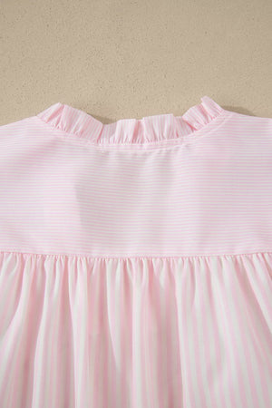 Pink striped polyester blouse with ruffled neckline and gathered waist