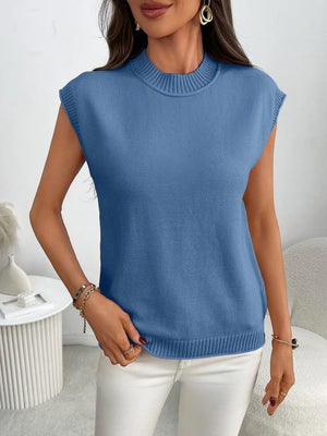 Dusty blue ribbed knit sleeveless mock neck top with ribbed hem