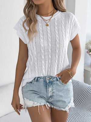 White cable knit sleeveless crew top with a textured pattern.