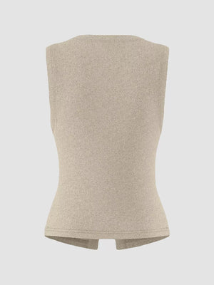 Khaki ribbed button-front fitted tank top with a split hem.