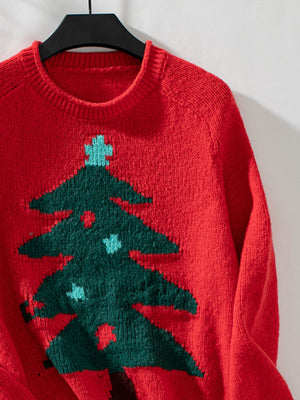 Red acrylic knit sweater with green Christmas tree intarsia pattern and crew neck.