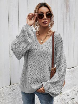 Light Gray open-knit sweater with V-neck and balloon sleeves.