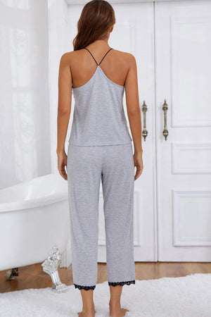 Gray cami lounge set with crisscross back and lace hem pants