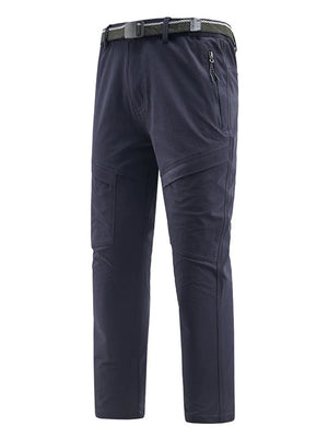 Men's dark blue sweatpants with zippered pockets and a belt.