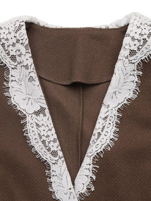 Brown button-up blazer with white lace trim detail on the collar and lapels.