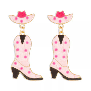 Pink polka dot cowboy boot dangle earrings with cowboy hats, 18K gold-plated.