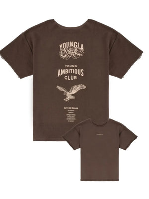 Coffee brown raw edge graphic tee with eagle and rose design, casual fit.