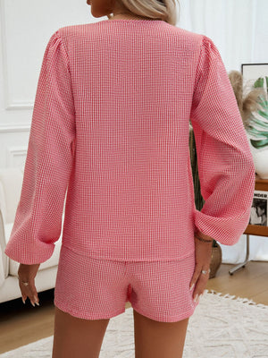 Strawberry gingham tie-front blouse with puff sleeves and matching shorts set