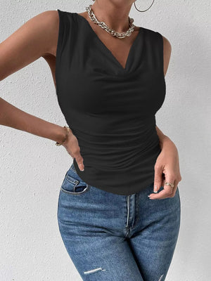 Black ruched cowl neck tank top with draped neckline.