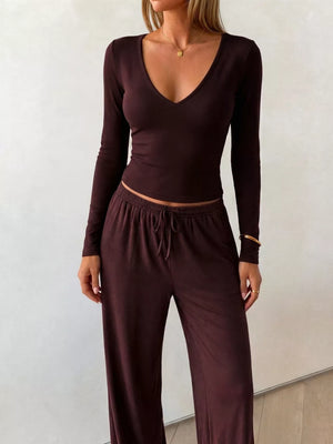 V-neck Long Sleeve Top And Wide-leg Pants Set in Brown, side view
